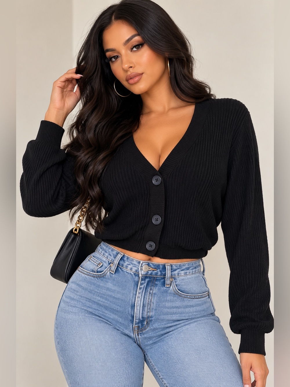 TravisMathew Black Ribbed Cropped V-Neck Button Front Cardigan Sweater